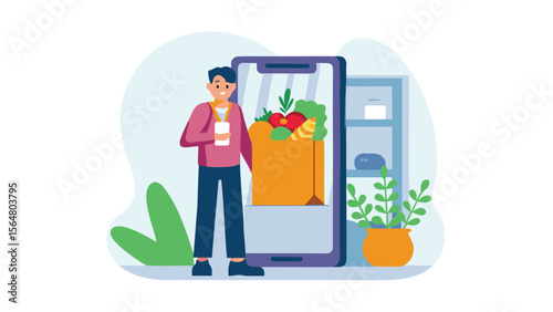 Man holding phone standing next to a large phone showing a grocery bag and a fridge inside it