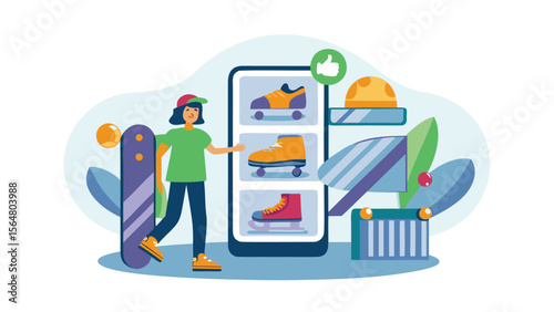 A person with a skateboard looking at roller skates on a phone screen in a colorful illustration