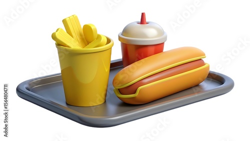 Delicious 3d rendered fast food meal featuring hotdog french fries and drink served on a grey tray for restaurants and food related designs