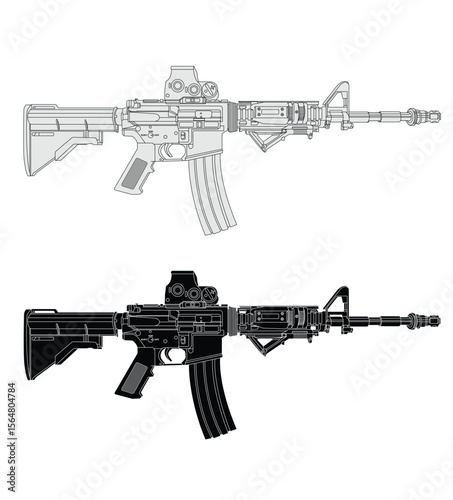 Black and white vector illustration of army assault rifle with scope