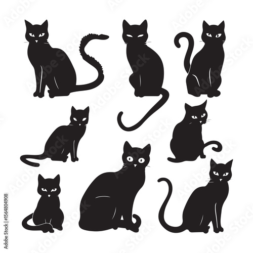 Black Cat Silhouette Set Clipart on White Background