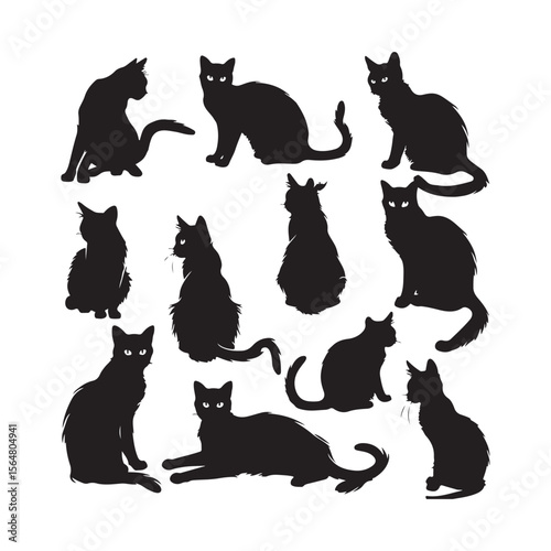 Black Cat Silhouette Set Clipart on White Background