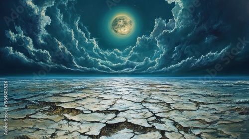 Surreal moonlit landscape with cracked earth and ominous cloud formations