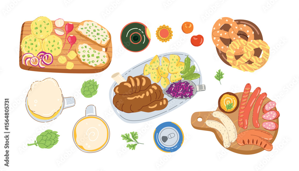 Fototapeta premium German beer and food festival with traditional cuisine isolated on simple background. Sausages, mustard, sauerkraut, bretzel. Hand drawn trendy flat vector illustrations for bar menu, beer festival.