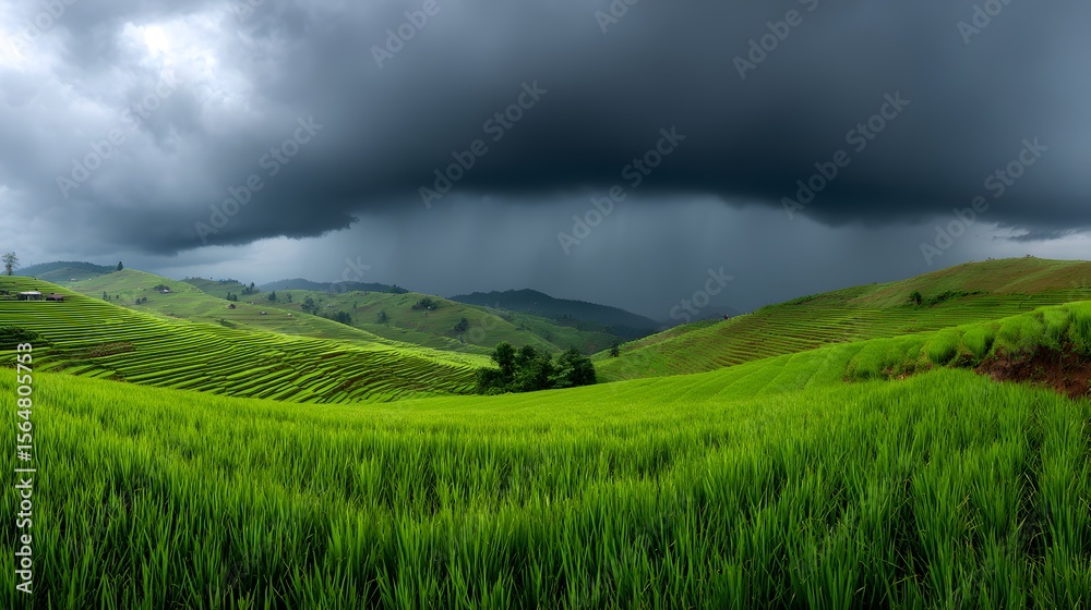 Obraz premium Monsoon clouds bursting over terraced rice fields lush green nature rain impact on landscape dramatic thunderstorm lighting panoramic human eye view white background