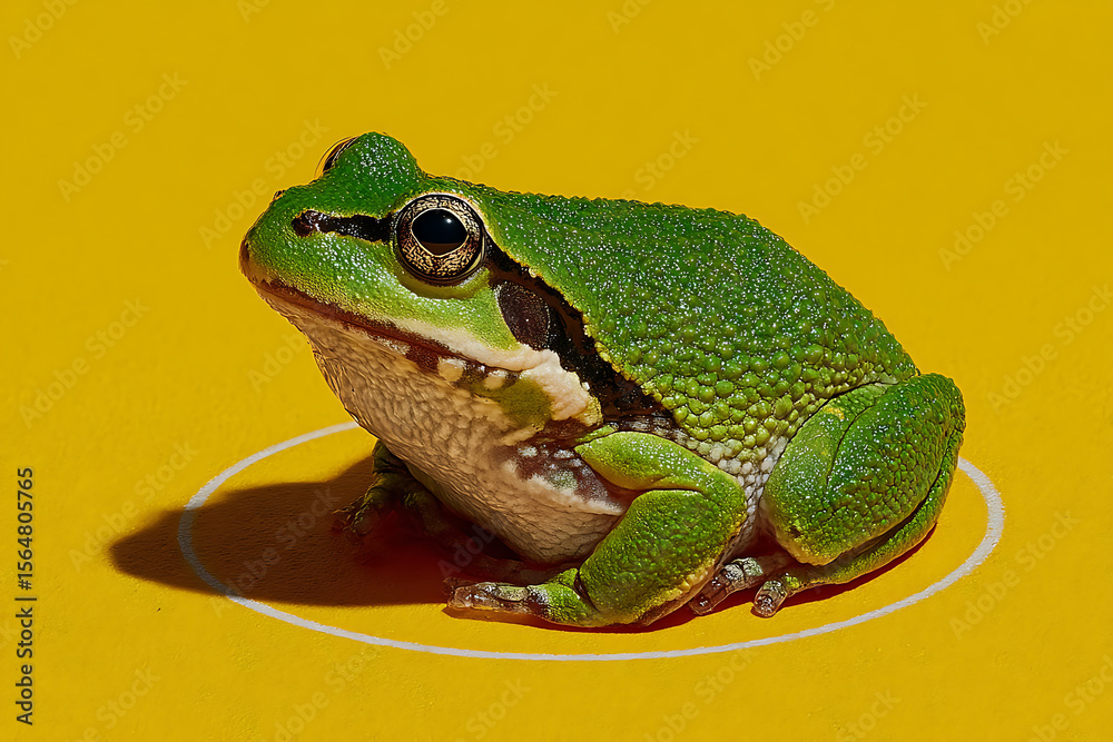Naklejka premium Green frog on yellow background closeup wildlife photography