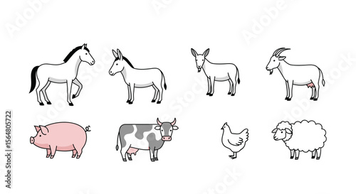 Vector farm animals clip art vector illustration featuring horse donkey goat cow pig chicken and sheep line drawing