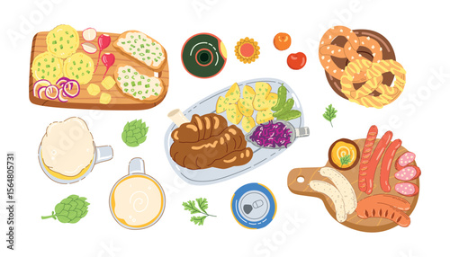 German beer and food festival with traditional cuisine isolated on simple background. Sausages, mustard, sauerkraut, bretzel. Hand drawn trendy flat vector illustrations for bar menu, beer festival.