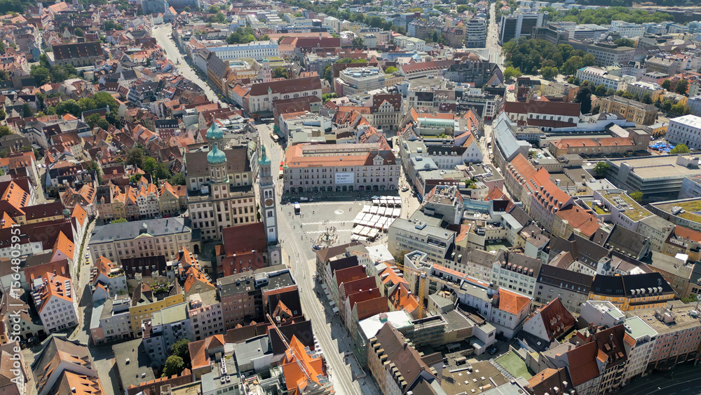 Fototapeta premium Aerial view of the old town and market place in the city Augsburg in Germany on an sunny day in spring