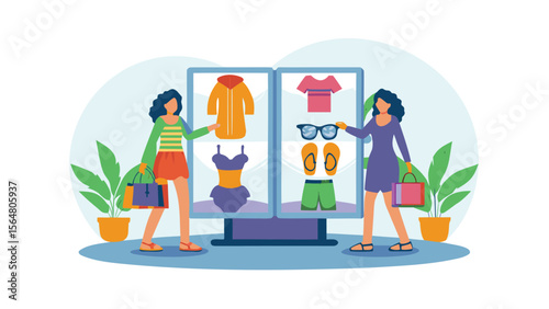 Two women looking at a display of clothing including a swimsuit and a yellow jacket and beachwear