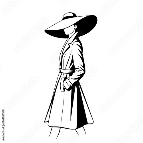 Stylish minimalist woman in long coat and wide-brim hat