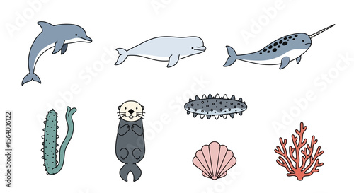Vector cute ocean animals illustration: dolphin, beluga whale, narwhal, otter, sea cucumber, shell and coral reef