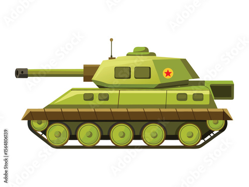 Cartoon illustration of a green military tank with a red star emblem on a white background
