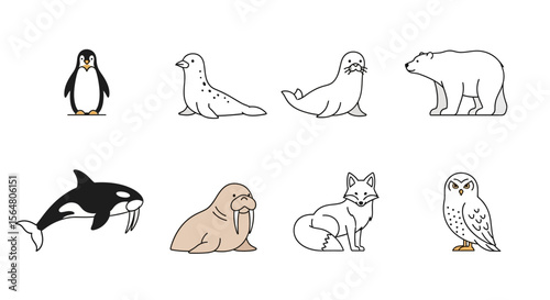 Vector cute arctic animals vector illustration set including penguin, seal, walrus, polar bear and more outlines