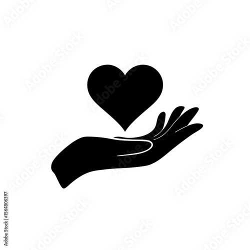 Vector icon of a hand holding a heart isolated on transparent background.  Silhouette of a hand holding a heart.  Symbol of love, care, charity, donation and volunteering