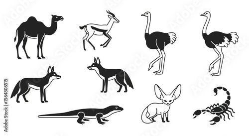 Vector desert animals vector illustration featuring camel, gazelle, ostrich, fox, lizard and scorpion icons set