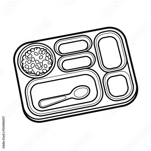Detailed line drawing of a compartmentalized tray with food and spoon beans compartments