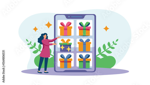 Woman selecting gifts on a mobile app with colorful presents and ribbons in a digital interface design