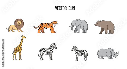Vector vector illustration of wild animals lion tiger elephant bear giraffe zebra rhino for safari theme design