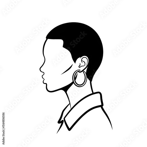 Black and white line art of a woman with shaved hairstyle and hoop earring