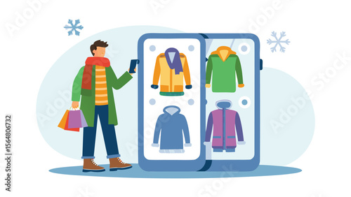 Man shopping for winter coats online with a mobile phone and holding shopping bags in winter season