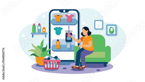 Woman selecting clothes on a mobile app with a basket and plant in a cozy living room setting scene