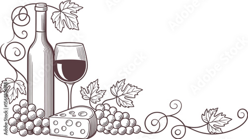 Elegant wine bottle glass grapes cheese vine illustration vector