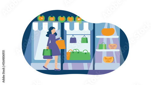 Woman shopping with bags in front of a store with halloween decorations and bag displays inside