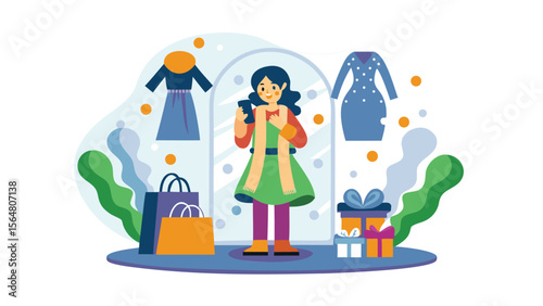 Woman with phone surrounded by dresses shopping bags and gifts in a stylized illustration scene