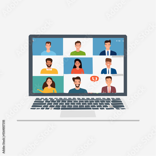 Illustration of a video conference call featuring diverse people on a laptop screen