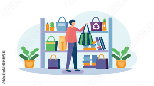 Person taking a green striped bag from a shelf filled with containers and other assorted items