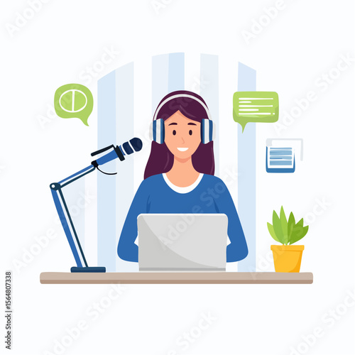 Illustration of a woman podcasting with a microphone and laptop at a desk