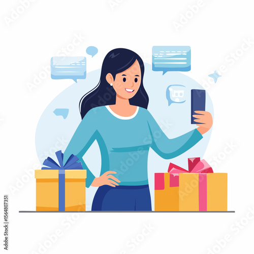 Illustration of a woman taking a photo with a smartphone near gifts with speech bubbles