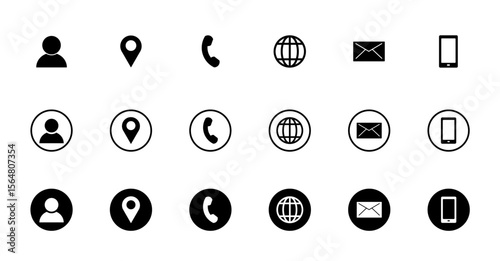 Contact icons set, Communication symbol collection, User phone mail location globe mobile icons, Black and outline UI elements, Minimal contact vector pack, vector illustration.