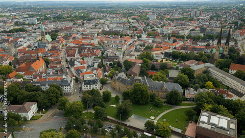 Aerial view of the old town of the city Bielefeld in Germany on a sunny spring morning	