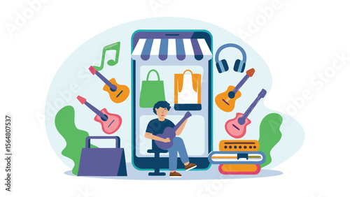 Man playing guitar in front of a smartphone showing shopping bags and musical instruments around it