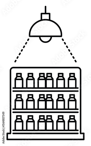 Minimalist line drawing of bottles on shelves under a light vector