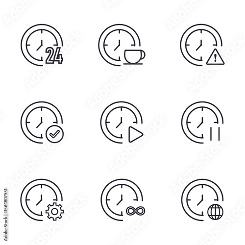 Minimal clock icon set on white background, Thin Line Time Symbols, 9 Editable Vector Icons, 24-Hour Service, Pause, Play, Settings, Infinity, Global Time Concepts, vector illustration.
