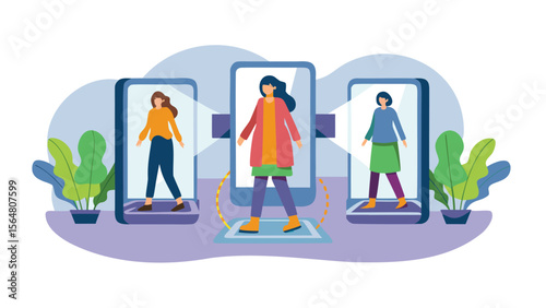 Virtual fitting room with three women displayed in phone screens and plants around them