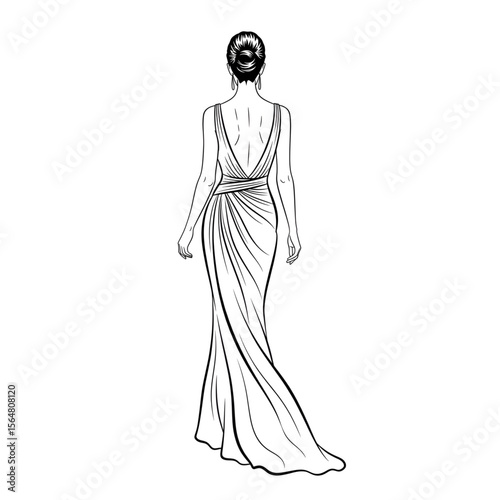 Minimalist black and white line art of a woman standing with back view
