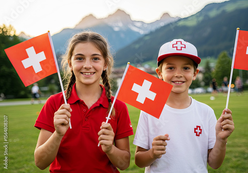 Swiss Children Celebrating National Day Outdoors. August 1, Swiss National Day