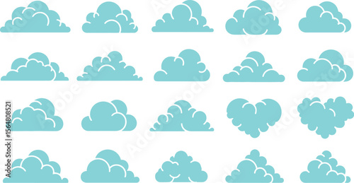 Collection of white cartoon clouds on a light blue background vector