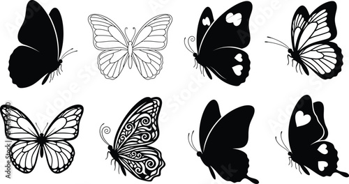 Collection of eight butterfly illustrations in black and white style