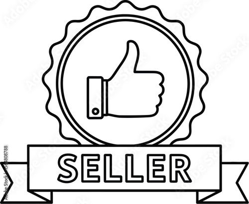 Outline drawing of seller badge with thumbs up and ribbon banner text