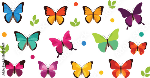 Colorful butterfly illustrations scattered on a white background art