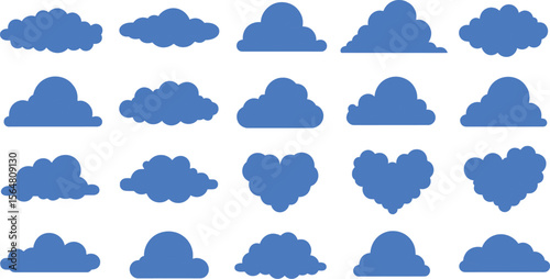 Collection of white cartoon clouds against a bright blue background