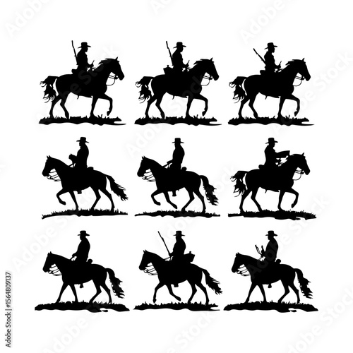 Cavalry on Horseback Silhouettes Set Clipart on White Background