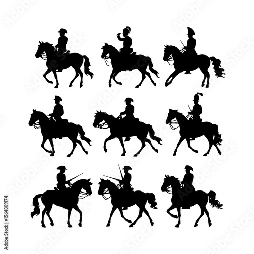 Cavalry Soldier on Horseback Silhouettes Set Clipart on White Background