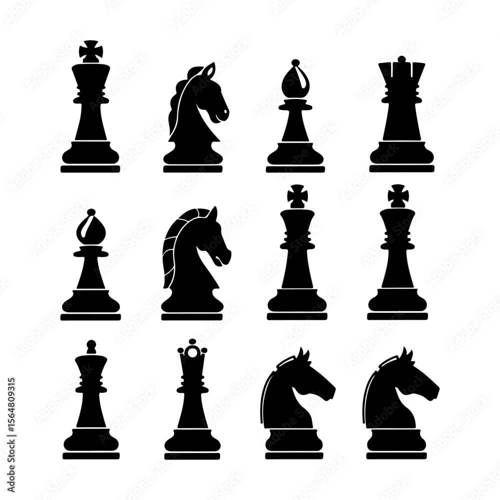 Chess Pieces Chessmen Silhouette Clipart on White Background Chess Pieces Chessmen Silhouette Clipart on White Background