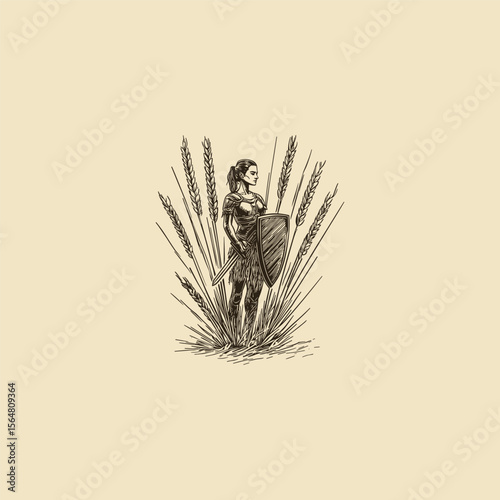 Woman warrior standing in a wheat field design vector template illustration
